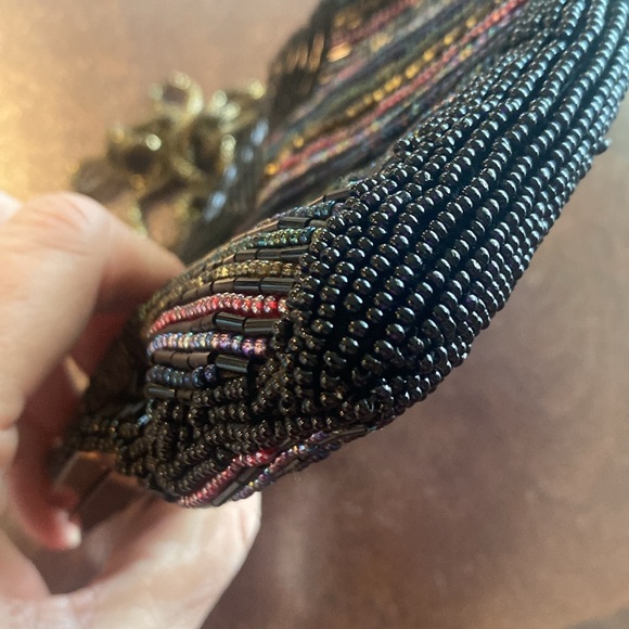 Vintage Black and multi Beaded Purse antique Gold tone Chain Shoulder Strap - Picture 6 of 16